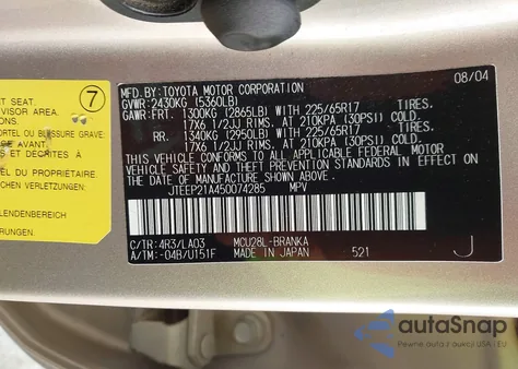 2005 Toyota Highlander Limited V6 from USA, damaged, VIN JTEEP21A450074285